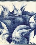  ambiguous_gender blue_and_white crows lagomorph mammal monochrome rabbit 