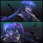  2girls black_dress blue_bow blue_eyes blue_hair bow chess_piece choker crying crying_with_eyes_open dark_background dress evil_smile flower frederica_bernkastel frilled_shirt frills furudo_erika gradient_background hair_between_eyes hair_flower hair_ornament hair_ribbon highres layered_sleeves lolita_fashion long_hair messy_hair multiple_girls open_mouth pink_bow pink_ribbon purple_eyes queen_(chess) ribbon shaded_face shirt smile tears tian_niunai_hezi twintails umineko_no_naku_koro_ni very_long_hair white_choker white_ribbon white_sleeves 