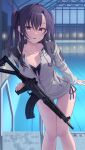  1girl angel_ina assault_rifle bikini breasts collarbone gun highres indoors jacket large_breasts original partially_unzipped pool pool_ladder poolside purple_eyes purple_hair rifle rk95 solo swimsuit swimsuit_under_clothes thighhighs thighs twintails two_side_up water weapon wet 
