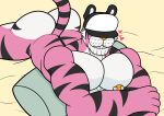 3loy absurd_res anthro bed biceps butt digital_media_(artwork) felid fur furniture hi_res looking_at_viewer lying male mammal muscular muscular_anthro muscular_male nipple_piercing nipples nude on_front pantherine pecs piercing seductive simple_background smile solo solo_focus stripes tail tiger
