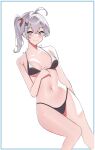  1girl ahoge antenna_hair azurel577 bikini black_bikini breasts english_commentary grey_eyes grey_hair looking_at_viewer medium_breasts medium_hair navel original side_ponytail smile solo swimsuit 