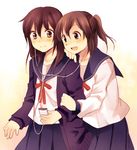  :d bangs blush brown_eyes brown_hair cardigan collarbone digital_media_player earbuds earphones eyebrows_visible_through_hair hachiko_(hati12) hair_between_eyes long_hair long_sleeves multiple_girls open_cardigan open_clothes open_mouth original ponytail school_uniform serafuku shared_earphones skirt smile 