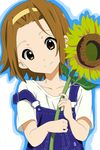  brown_eyes brown_hair collarbone derivative_work flower forehead hairband highres k-on! nukkonuko_(underxtaker) overalls smile solo strap_slip sunflower tainaka_ritsu yellow_hairband 