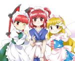  3girls :d ;d american_flag american_flag_dress american_flag_print animal_ears apron arm_up back_bow black_bow blonde_hair blue_kimono bow braid cat_ears cat_girl closed_mouth clownpiece dress extra_ears fairy fairy_wings flag_print green_dress hair_bow hands_up japanese_clothes kaenbyou_rin kimono long_hair looking_at_viewer maid_apron maid_headdress multiple_girls nonamejd official_style one_eye_closed onozuka_komachi purple_eyes red_eyes red_hair simple_background smile touhou twin_braids two_side_up waist_apron white_apron white_background white_bow white_wings white_wrist_cuffs wings zun_(style) 