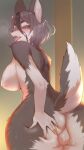 absurd_res anthro beauty_mark big_breasts blush bodily_fluids breasts butt canid canine canis countershade_fur countershading drooling eyebrows featureless_crotch female fluffy front_view fur grey_body grey_fur grey_hair hair hi_res kemono looking_at_viewer looking_back mammal nipples nude onikuman open_mouth open_smile orange_eyes pink_nipples presenting raised_tail rear_view saliva side_boob sitting smile solo sweat tail teeth tongue wet wide_hips wolf