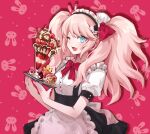 1girl alternate_costume apron blue_eyes bow bowtie breasts cowboy_shot danganronpa:_trigger_happy_havoc danganronpa_(series) enmaided enoshima_junko hair_ornament highres holding hy_(fjvlg) long_hair looking_at_viewer maid puffy_short_sleeves puffy_sleeves red_background red_bow red_bowtie short_sleeves smile twintails waist_apron 
