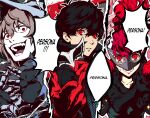  1girl 2boys akechi_gorou amamiya_ren andrich_galam black_hair black_jacket brown_hair crazy crazy_eyes crazy_smile gloves hair_between_eyes highres jacket long_hair long_sleeves looking_at_viewer multiple_boys open_mouth parted_lips persona persona_5 persona_5_the_royal ponytail red_eyes red_gloves red_hair short_hair smile speech_bubble yoshizawa_kasumi 