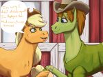2019 4:3 accessory applejack_(mlp) artist_logo bangs barn blonde_hair blonde_mane blue_eyes brown_clothing brown_hair brown_hat brown_headwear brown_mane chest_tuft clothed clothing cloven_hooves cousins_(lore) cowboy_hat crossover dialogue digital_drawing_(artwork) digital_media_(artwork) duo earth_pony english_text equid equine eye_contact eyebrows eyelashes facial_hair female feral freckles friendship_is_magic fur gesture green_body green_clothing green_eyes green_fur green_hooves green_shirt green_topwear hair hair_accessory hair_tie handshake hanna-barbera hasbro hat headgear headwear hi_res hooves horse inside logo long_hair long_mane looking_at_another male mammal mane my_little_pony name_in_dialogue open_mouth orange_body orange_fur orange_hooves partially_clothed pink_tongue ponification pony ponytail scooby-doo_(series) shaggy_rogers shirt short_hair short_mane shorter_female skywater smile smiling_at_each_other speech_bubble stubble talking_to_another taller_male teeth text tongue topwear tuft wall_(structure)
