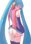  aqua_eyes aqua_hair ass blush detached_sleeves earmuffs from_behind hatsune_miku long_hair looking_back mochimomomo panties panty_pull red_scarf scarf simple_background skirt solo thighhighs twintails underwear very_long_hair vocaloid white_background 