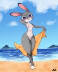 2021 3_toes absurd_res alternate_version_at_source anthro areola beach black_body black_fur blush breasts day disney feet female fingers full-length_portrait fur garbageman genitals grey_body grey_fur hand_behind_head hi_res judy_hopps lagomorph leporid long_ears looking_at_viewer mammal multicolored_body multicolored_fur navel nipple_piercing nipples nude open_mouth outside piercing pink_areola pink_nipples portrait purple_eyes pussy rabbit seaside small_breasts solo standing thick_thighs toes towel water wet white_body white_fur wide_hips zootopia