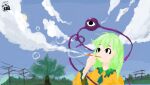  1girl air_bubble bubble cloud column green_eyes green_hair highres holding holding_stick komeiji_koishi outdoors pillar scenery shirt sky stick sun third_eye tofubako touhou tree wire yellow_shirt 