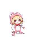  1girl animal animal_costume banana_(banana_draw) blonde_hair blue_archive blush bow cat cat_costume chibi full_body hair_bow halo highres long_sleeves looking_at_viewer momoi_(blue_archive) pink_halo red_bow red_eyes short_hair simple_background solo standing white_background 