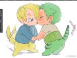  2boys animal_ears art_program_in_frame blonde_hair centauroid couple curly_eyebrows deformed dog_boy dog_ears dog_tail facial_hair full_body goatee green_hair hair_over_one_eye licking_lips male_focus multiple_boys one_piece roronoa_zoro sanji_(one_piece) scar scar_across_eye short_hair sweetdou3 tail tail_wagging taur tiger_boy tiger_ears tiger_tail tongue tongue_out yaoi yellow_fur 
