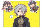  3boys :d =_= @_@ aqua_horns arms_up black_coat black_hair blush_stickers boots border chibi chibi_inset closed_eyes coat collared_coat commentary_request dan_heng_(honkai:_star_rail) dan_heng_(imbibitor_lunae)_(honkai:_star_rail) earrings eyeliner eyes_visible_through_hair full_body gloom_(expression) gloves grey_hair grey_pants hair_over_one_eye hands_up happy hara_(nanohara) heart highres honkai:_star_rail honkai_(series) horns invisible_chair jewelry knee_boots knees_together_feet_apart leaning_back leg_up legs_up long_hair long_sleeves makeup male_focus multiple_boys multiple_views no_nose open_clothes open_coat open_mouth outline outstretched_arms own_hands_together pants parted_lips pointy_ears ponytail red_eyeliner shirt simple_background single_earring sitting smile spoken_sweatdrop spread_legs standing standing_on_one_leg star_(symbol) sweat sweatdrop tassel u_u upper_body very_long_hair white_background white_border white_outline yellow_background yellow_shirt yingxing_(honkai:_star_rail) 