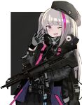 1girl beret black_headwear desert_tech_mdr girls&#039;_frontline gloves grey_gloves grey_hair gun hat holding holding_gun holding_weapon jacket long_hair looking_at_viewer mdr_(girls&#039;_frontline) multicolored_hair one_eye_closed open_mouth pink_eyes pink_hair poyason smile solo streaked_hair tactical_clothes weapon 