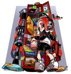  1girl bag black_eyes black_shorts black_sweater closed_mouth clothes_hanger commentary_request cup_ramen dynamo_roller_(splatoon) headphones ink_tank_(splatoon) juice_box locker looking_back medium_hair note octoling octoling_girl poster_(object) print_bag print_shirt red_hair shirt shoes shorts solo splatoon_(series) splatoon_3 standing sticker sweater tentacle_hair thick_eyebrows two-tone_sweater w0_tarou weapon white_background white_footwear white_sweater writing yellow_shirt 