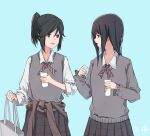  2girls absurdres aqua_background bag black_skirt brown_eyes brown_neckerchief coffee_cup collared_shirt cowboy_shot cup dated disposable_cup green_eyes grey_bag grey_shirt hibike!_euphonium highres holding holding_cup kasaki_nozomi liz_to_aoi_tori long_hair long_sleeves looking_at_another multiple_girls neckerchief nozo_mizore open_mouth pleated_skirt ponytail shirt shopping_bag short_hair sidelocks simple_background skirt standing striped_neckerchief white_shirt yoroizuka_mizore 