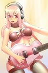  :d bandeau bangs bare_shoulders black_legwear blush breasts choker cleavage front-tie_top gradient gradient_background guitar hair_between_eyes headphones highres instrument large_breasts lipstick long_hair looking_at_viewer makeup midriff miniskirt murazono nitroplus open_mouth outstretched_arm pink_eyes pink_hair plectrum sidelocks skirt smile solo standing strap super_sonico sweatdrop thighhighs underboob zettai_ryouiki 