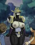  armor breasts digimon fox_mask gloves grey_hair huge_breasts japanese_clothes long_hair mask non-web_source purple_lips sakuyamon 