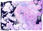  1girl blue_background border branch cherry_blossoms closed_mouth dated flower hair_flower hair_ornament hand_up highres kiato looking_at_viewer original petals pink_flower pink_hair profile purple_eyes short_hair signature snow solo upper_body white_border 