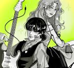  2girls audio_cable bandaid bandaid_on_face black_nails blunt_bangs blush cable cellphone earphones earrings electric_guitar fender_stratocaster green_theme greyscale_with_colored_background guitar highres hiraeth_24 instrument jewelry kininatteru_hito_ga_otoko_ja_nakatta koga_mitsuki leaning_on_person multiple_girls multiple_rings oosawa_aya phone procreate_(medium) ring shared_earphones smartphone sparkle wavy_hair 
