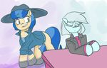  blue_hair clothed clothing diab0lical equine female feral fur grey_hair grin hair hat horse mammal my_little_pony photo_finish_(mlp) pink_eyes pony sapphire_shores sapphire_shores_(mlp) smile two_tone_hair yellow_eyes yellow_fur 