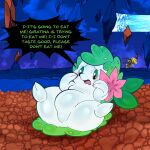 absurd_res ambiguous_gender blush bodily_fluids distortion_world english_text generation_4_pokemon giratina hi_res legendary_pokemon lying lying_on_ground nintendo on_back origin_forme_giratina pokemon pokemon_(species) shaymin slightly_chubby softestpuffss sweat text