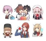  ascot black_gloves black_headwear black_sailor_collar black_vest blonde_hair blue_eyes blue_sailor_collar blue_shirt box brown_eyes brown_hair collared_shirt covering_own_mouth dress dress_shirt flower fur_hat gloves gradient_hair grey_hair hammer_and_sickle harusame_(kancolle) hat headgear highres kantai_collection long_hair military_uniform multicolored_hair necktie nevada_(kancolle) open_mouth papakha pink_eyes pink_hair ponytail red_ascot red_eyes red_flower red_necktie red_rose rodney_(kancolle) rose sailor_collar sailor_dress sailor_hat sailor_shirt shiranui_(kancolle) shirt short_hair side_ponytail sidelocks simple_background smokestack_hair_ornament streaked_hair tashkent_(kancolle) tokitsukaze_(kancolle) twintails uniform upper_body vest white_background white_headwear white_shirt yuki_4040 yukikaze_(kancolle) yukikaze_kai_ni_(kancolle) 