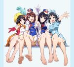  4girls barefoot blue_shirt blue_skirt brown_eyes brown_hair character_request feet gloves hibike!_euphonium highres hisaishi_kanade kousaka_reina looking_at_viewer marching_band multiple_girls nii_manabu oumae_kumiko shirt skirt smile soles thighs toes white_gloves white_skirt yellow_skirt 