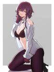  1girl absurdres bare_shoulders black_bra bra breasts cleavage clothing_cutout commentary distr gloves hand_up highres honkai:_star_rail honkai_(series) kafka_(honkai:_star_rail) large_breasts long_hair open_clothes open_shirt purple_eyes purple_gloves purple_hair shirt shoulder_cutout solo underwear white_shirt 