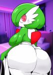 absurd_res bed bedroom big_breasts big_butt bodily_fluids breasts butt cheek_tuft chest_spike clothing dress exposed_butt facial_tuft female frown furniture furry_funnychan gardevoir generation_3_pokemon green_hair hair hi_res huge_butt inside looking_at_viewer looking_back looking_back_at_viewer mouth_closed nintendo pink_eyes pink_pupils pokemon pokemon_(species) pseudo_clothing pupils rear_view short_hair side_boob spikes spikes_(anatomy) sweat sweatdrop thick_thighs tuft white_body white_clothing white_dress white_skin wide_hips