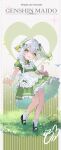  1girl absurdres alternate_costume apron back_bow black_footwear bloomers bow bright_pupils cross-shaped_pupils dress enmaided full_body genshin_impact gradient_hair green_bow green_dress green_eyes green_hair grey_hair hair_ornament hairpin highres leaf_hair_ornament looking_at_viewer maid maid_apron maid_headdress mary_janes medium_hair multicolored_hair nahida_(genshin_impact) omelet_tomato one_side_up open_mouth pointy_ears shoes short_sleeves sidelocks signature smile socks solo standing symbol-shaped_pupils twitter_username white_apron white_bloomers white_bow white_socks wrist_cuffs 