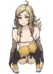  1girl ahoge bikini black_bridal_gauntlets blonde_hair bridal_gauntlets fire_emblem fire_emblem_fates grey_eyes highres long_hair looking_at_viewer micro_bikini ophelia_(fire_emblem) petite sidelocks solo swept_bangs swimsuit toeless_footwear toeless_legwear wabaki 