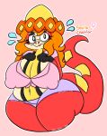 anthro belly big_breasts bottomwear breasts clothing crocalor eyewear female generation_9_pokemon glasses hair hi_res lewdchuu_(artist) navel nervous nintendo orange_hair pokemon pokemon_(species) red_body savita_(lewdchuu) shirt shorts slightly_chubby solo tail thick_thighs topwear