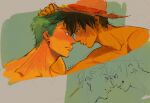  2boys black_eyes black_hair blush couple cropped_torso eye_contact face-to-face forehead-to-forehead green_hair hand_in_another&#039;s_hair hat heads_together looking_at_another male_focus monkey_d._luffy multiple_boys one_piece roronoa_zoro scar scar_on_cheek scar_on_face short_hair sideburns simple_background smile straw_hat wuruwan yaoi 