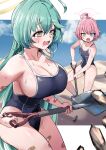  2girls absurdres ahoge bandaid bandaid_on_arm bandaid_on_leg bare_arms black_one-piece_swimsuit blue_archive blue_eyes breasts bright_pupils cleavage commentary_request digging green_hair hair_between_eyes halo heterochromia highres holding holding_shovel hoshino_(blue_archive) hoshino_(young)_(blue_archive) long_hair multiple_girls one-piece_swimsuit open_mouth pink_hair pink_halo pizzasi short_hair shovel standing sweat swimsuit tearing_up white_pupils yellow_eyes yellow_halo yume_(blue_archive) 