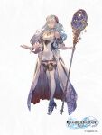  1girl boots breasts copyright_name detached_sleeves full_body granblue_fantasy granblue_fantasy:_relink hair_ornament high_heel_boots high_heels highres holding holding_staff lilith_(granblue_fantasy:_relink) logo long_hair minaba_hideo official_art red_eyes second-party_source smile solo staff thigh_boots thighs white_hair 