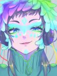  1other aqua_hair artist_name blue_eyes blue_feathers carua_gyuunyuu eyelashes facepaint feathers gnosia green_eyes green_feathers highres looking_at_viewer multicolored_clothes outline purple_feathers raqio simple_background solo upper_body 