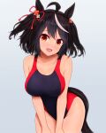  1girl ahoge alternate_costume bare_shoulders black_hair black_one-piece_swimsuit blush breasts commentary_request commission ear_ornament grey_background hair_between_eyes hair_ornament hands_on_own_thighs highres kitasan_black_(umamusume) m172/minatsu medium_breasts multicolored_hair one-piece_swimsuit open_mouth pixiv_commission red_eyes simple_background smile solo streaked_hair swimsuit two_side_up umamusume white_hair 