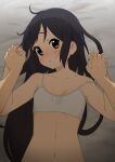  1girl 1other absurdres black_hair blush bra brown_eyes collarbone commentary_request hair_down highres holding_hands interlocked_fingers k-on! kicchi_(tmgk) long_hair looking_at_viewer lying nakano_azusa navel on_back on_bed parted_lips pov pov_hands solo_focus underwear upper_body white_bra 