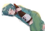  1girl :3 blush bottle closed_eyes green_hair highres holding holding_bottle jacket long_sleeves lying naname_(7name) nose_blush on_side original sake_bottle short_hair smile solo 