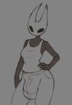 2024 anthro arthropod big_bulge black_body black_eyes bottomwear breasts bulge clothed clothing denim denim_bottomwear denim_clothing digital_drawing_(artwork) digital_media_(artwork) greyscale gynomorph hand_on_hip hand_on_leg hollow_knight hornet_(hollow_knight) humanoid intersex jeans monochrome pants shirt simple_background sketch small_breasts solo spiritualcoffin tank_top team_cherry tight_bottomwear tight_clothing topwear