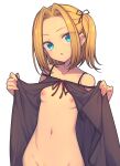  1girl babydoll bare_shoulders black_babydoll blonde_hair blue_eyes breasts collarbone commentary ear_piercing everyntrge groin hair_intakes highres light_blush looking_at_viewer medium_hair navel nipples open_mouth original piercing red_ribbon ribbon side_ponytail simple_background small_breasts solo spaghetti_strap upper_body white_background 