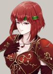  1girl armor close-up commentary_request fingerless_gloves fire_emblem fire_emblem:_mystery_of_the_emblem gloves green_hairband grey_background hair_between_eyes hairband hand_on_own_chest headband highres jewelry light_smile looking_to_the_side minerva_(fire_emblem) necklace red_eyes red_hair short_hair simple_background solo upper_body yori_ilrosso 