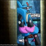 bathroom briefs butt changing_clothes charliethesillydeer clothing cumdog247 embarrassed generation_4_pokemon lucario male nintendo pokemon pokemon_(species) solo tighty_whities underwear voyeur voyeur_pov white_briefs white_clothing white_underwear