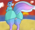 2024 anthro beach blush clothed clothing dress female genitals green_clothing green_dress hi_res horn kobold looking_back marine membrane_(anatomy) membranous_wings outside pussy scalie skimpy solo sunset trippybunny wings