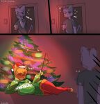 3_panel_comic 3_toes 5_fingers :3 absurd_res anthro artist_name big_breasts black_body black_clothing black_fur black_shirt black_topwear bottomless breasts christmas christmas_clothing christmas_headwear christmas_lights christmas_tree clothed clothing cocoa_(justbirb) comic countershade_face countershade_fur countershade_hands countershading digital_media_(artwork) digitigrade domestic_cat duo ear_piercing ear_ring english_text eyebrows eyes_closed feet felid feline felis female fingers fur green_clothing green_sweater green_topwear hair hair_over_eyes hand_on_cheek hat headgear headwear hi_res holding_mug holding_object holding_stick holidays holly_(plant) huge_breasts humanoid inside justbirb leg_warmers legwear lying male mammal mug on_side one_eye_closed open_mouth orange_body orange_fur orange_hair paprika_(justbirb) piercing plant question_mark raised_tail red_clothing red_leg_warmers red_legwear red_thigh_highs ring_piercing santa_hat shirt smile snaggle_tooth standing stick sweater tail tan_body tan_countershading tan_fur text thick_thighs thigh_highs toes topwear tree wide_hips yawn