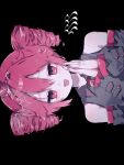  1girl bare_shoulders black_background black_shirt black_sleeves broken_screen detached_sleeves drill_hair hair_between_eyes highres hiro_0607 hito_mania_(utau) kasane_teto looking_at_viewer open_mouth own_hands_together pink_eyes pink_hair pink_nails shirt sidelocks sideways simple_background sleeveless sleeveless_shirt smile solo twin_drills utau 