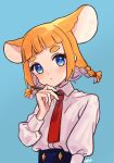  +_+ 1girl :&lt; animal_ears blue_background blue_eyes blunt_bangs blush braid collared_shirt hand_on_own_chin highres holding holding_stylus indie_virtual_youtuber long_hair long_sleeves looking_at_viewer mouse_ears mouse_girl naname_(7name) necktie orange_hair original shirt shirt_tucked_in solo stylus thick_eyebrows twin_braids virtual_youtuber 