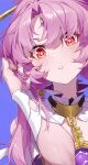  1girl blush erdongjinming forehead_jewel fu_xuan_(honkai:_star_rail) glint hand_in_own_hair highres honkai:_star_rail honkai_(series) long_hair looking_at_viewer low_twintails parted_lips pink_hair red_eyes solo twintails 